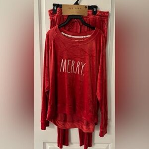 Rae Dunn 2-Pc Sweatshirt & Sweatpants Set, Crimson Micro Plush Merry Christmas